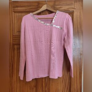 Classic Pink Long-Sleeve Knit Top with Embellished Neckline
